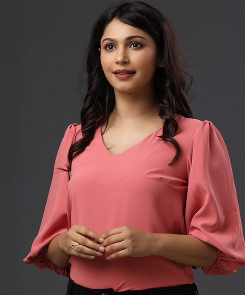 Vneck Balloon Sleeve Pink Chiffon Top